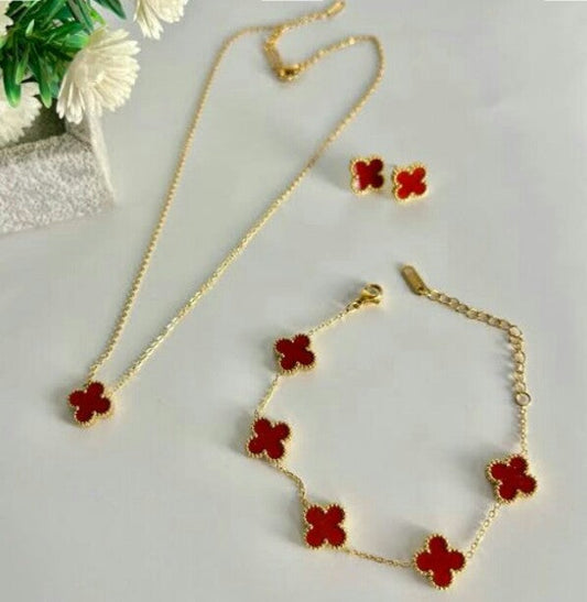 Red Clover Jewelry Set – Elegant Necklace, Bracelet & Earrings